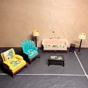 Vintage Floral Stenciled Renwal Mini Dollhouse Furniture Set 7pc Plastic USA